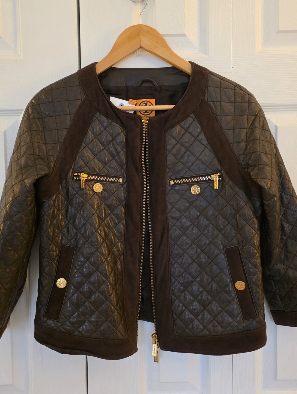 Tory Burch | Cluny Brown Leather And Suede Quilted Jacket Sz 6